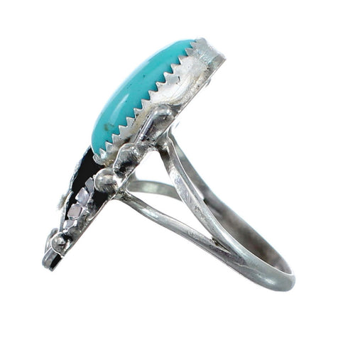Flower Scalloped Leaf Turquoise Genuine Sterling Silver Navajo Ring Size 8 AX127700